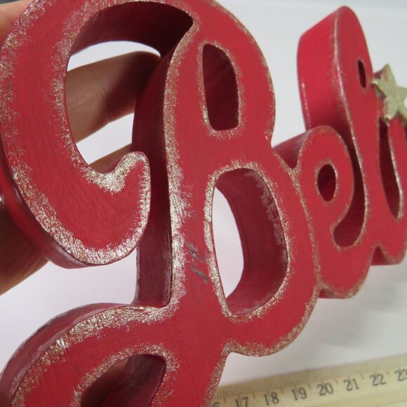 BELIEVE red wood shelf sitter w champagne gold accent 10 1/2" long - Picture 2 of 7